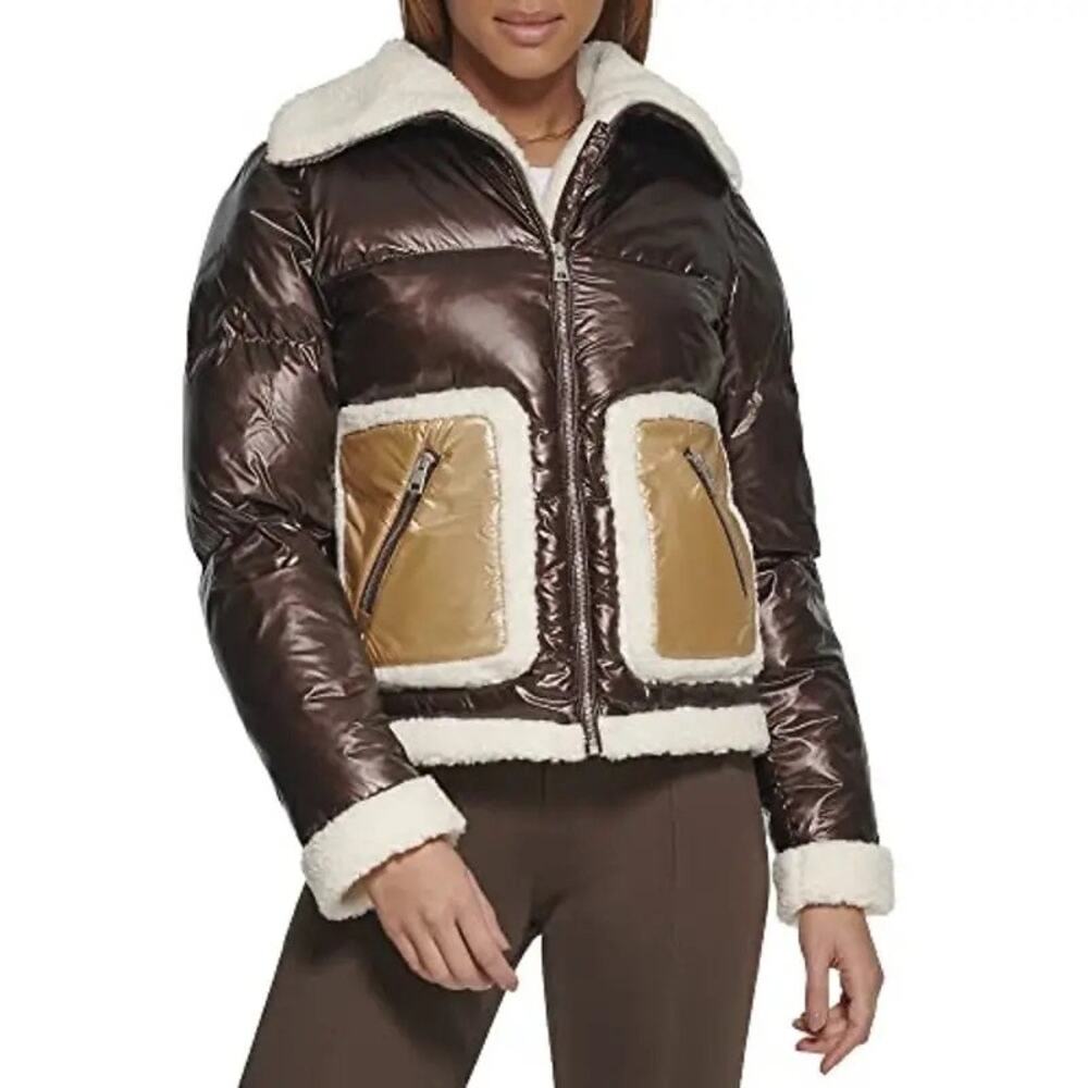 Levi's Brown + Tan Breanna Faux Fur Pearlized Sherpa Collar Puffer Jacket Large